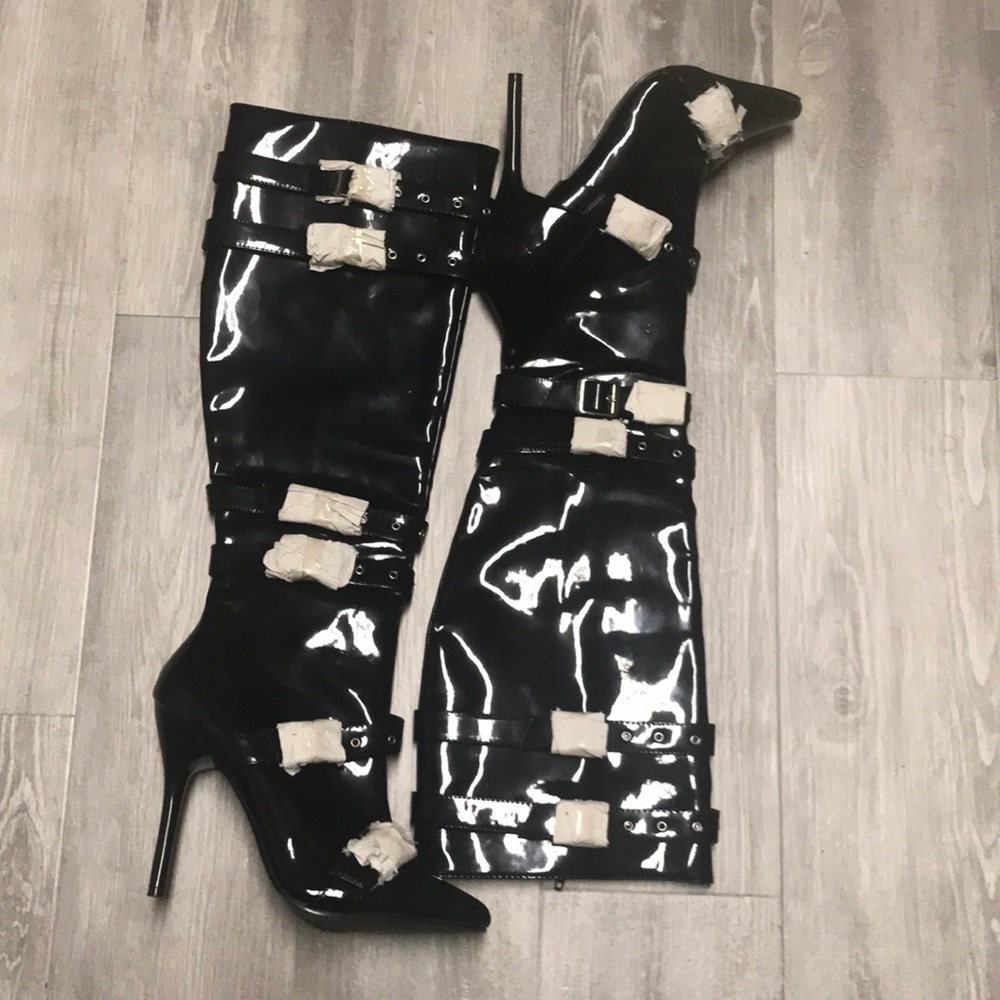 Ellie Black Patent Leader Over the Knee Boots